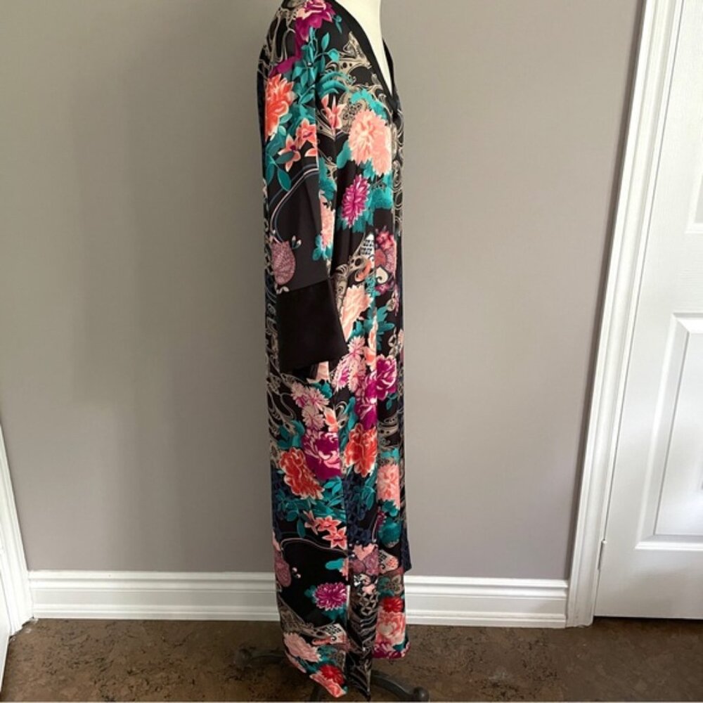Natori Black Asian Floral Long Sleeve Kaftan Nightgown Dress - Small / Medium - Picture 3 of 10